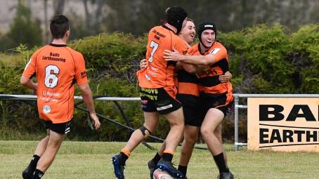 Kempsey Cannonballs celebrate try scored by Ronan O’Loughlin. Picture by Penny Tamblyn