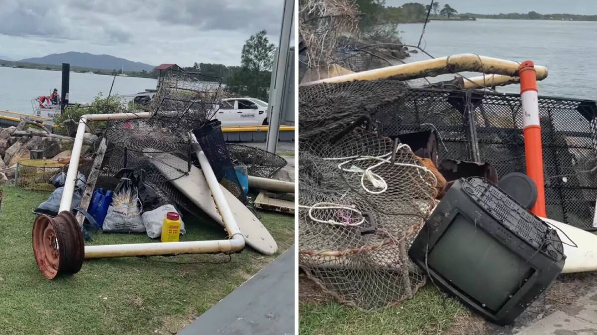 The clean up event unearthed a needle disposal bin, a bag of pigeon feed, a television, a surfboard and plenty of forgotten crab traps. Picture supplied by the South West Rocks Anglers Association 
