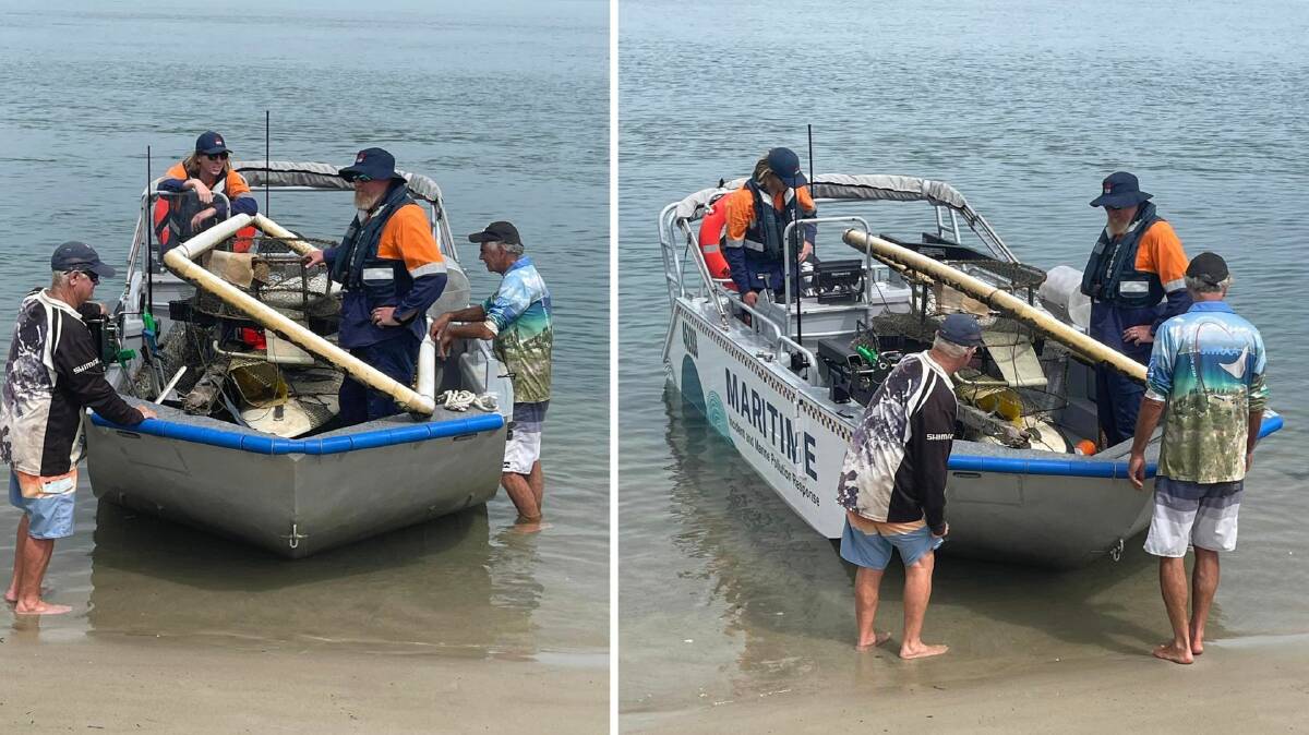 A Sydney Maritime crew helped with the clean up with their Maritime Incident and Marine Pollution Response Boat collecting rubbish. Picture supplied by the South West Rocks Anglers Association 