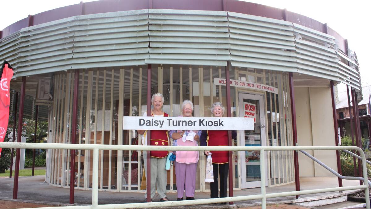 REPURPOSED: Volunteers Aileen Lewthwaite, Helen Counihan and Patricia Major outside the Daisy Turner Kiosk.