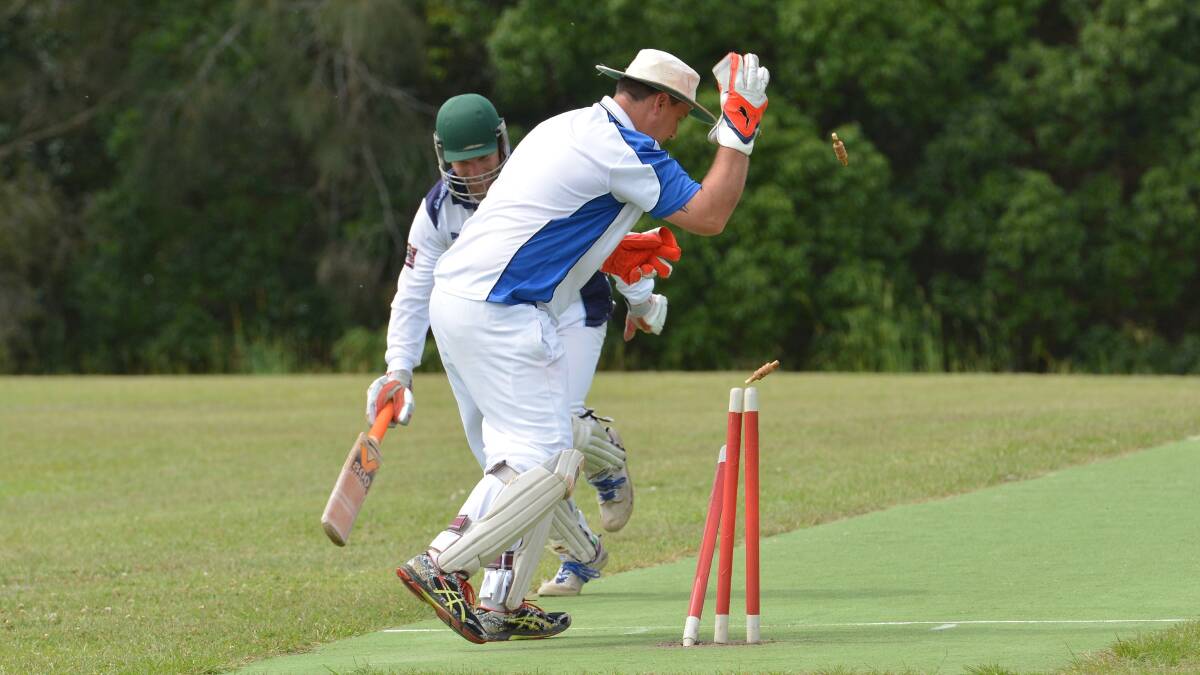 WELL SHORT: Brilliant fielding by Frederickton results in the run out of Nulla first grade cricketer Adam Stutz during Saturday's match at Fredrickton. Photo: Penny Tamblyn.