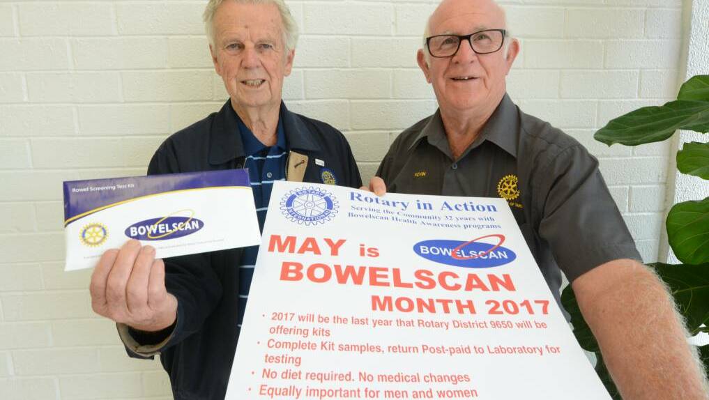 Rotarians Max Carey and Kevin Sharp encourage others to take part in the Bowelscan program, which is taking place again in May.