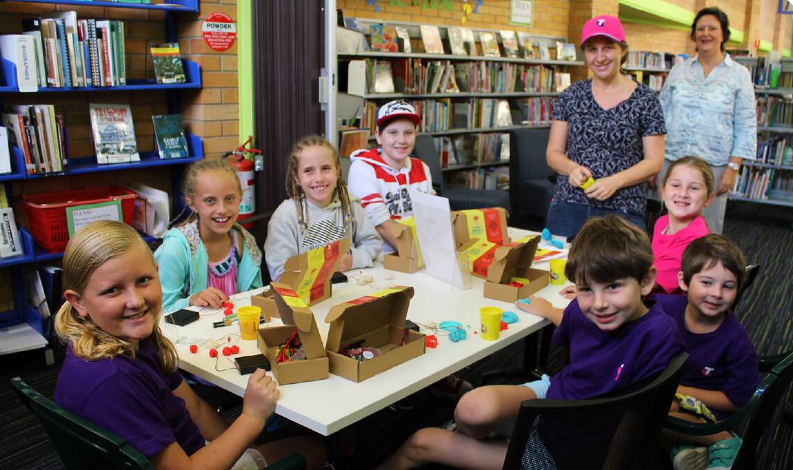 Librarian Yvette McAlister (at back) with children at the Maker
Party in a Box workshop at Kempsey Shire Library in April. The library will be
hosting two Makey Makey after school sessions every Thursday and Friday
during the school term