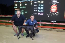 Mackenna with owner Georgio Alvaro and Kennel representative Darryl Thomas after her stunning 29.20s win in the Golden Easter Egg heats. Picture supplied