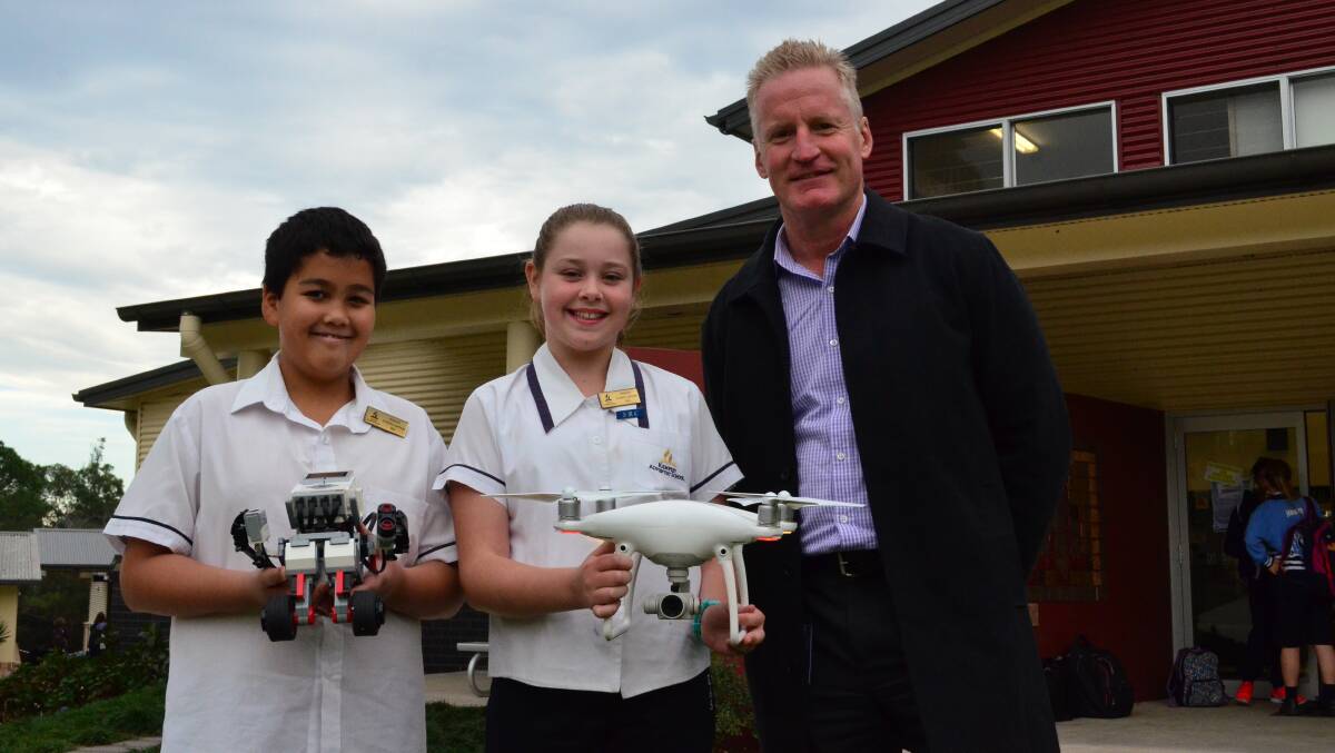 Kempsey Adventist School captains (primary) Christopher Green and Paige Secomb with school principal Rohan Deanshaw