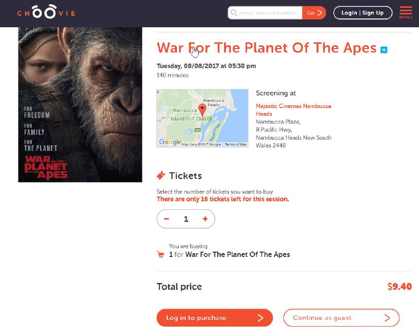 A screenshot of the Choovie website which also allows 'guest' users to purchase one-off discounted tickets. For members or regular users, payment details can be stored to make purchasing movie tickets more streamlined.