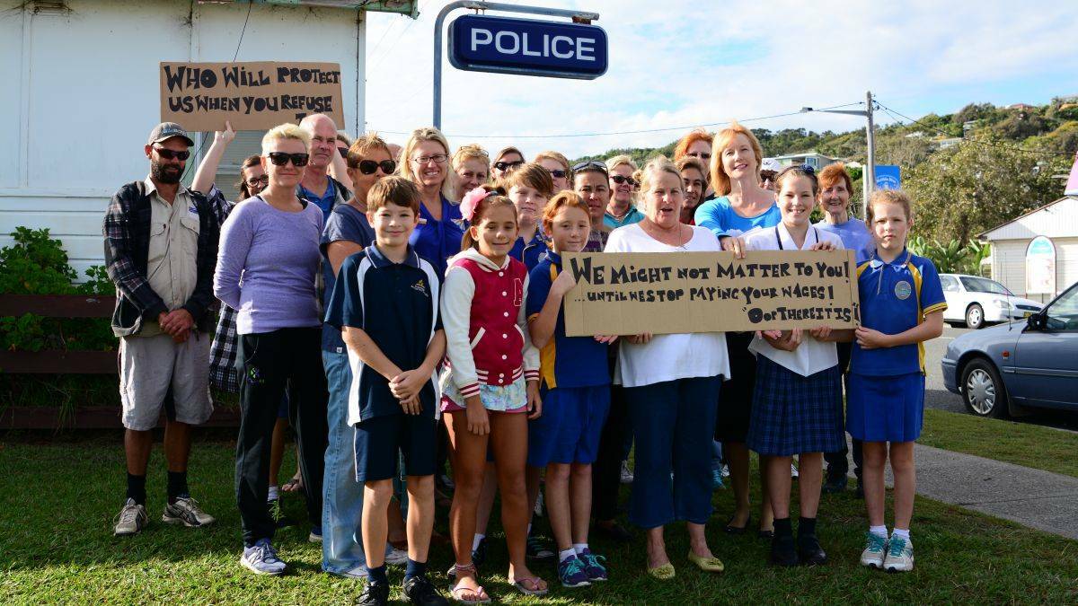 A group of concerned citizens in front of the Crescent Head "shop-front" in 2014, during a call for a greater police presence in the town. 