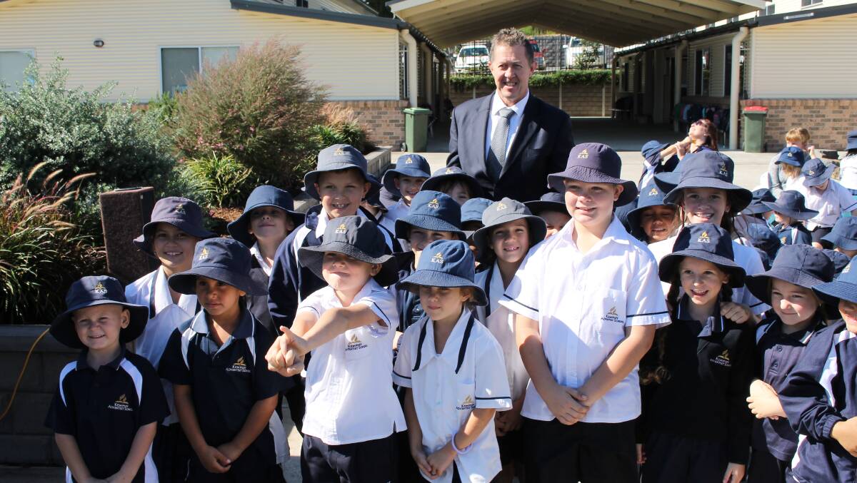 Member for Cowper Luke Hartsuyker with Kempsey Adventist School students at the opening of the new primary precinct. 