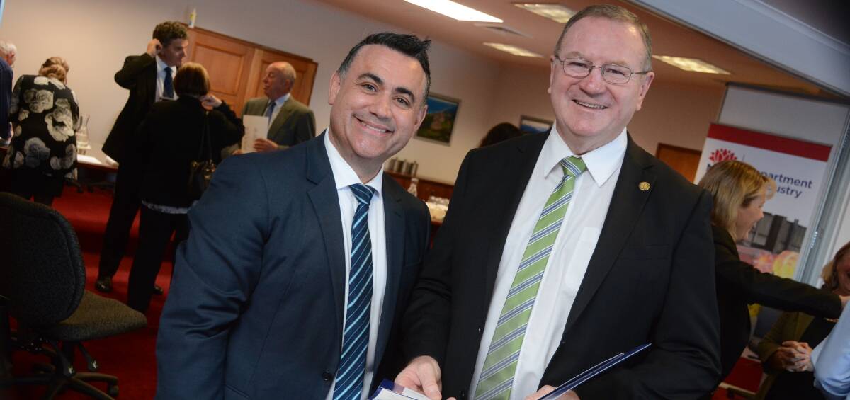 Awaiting the report: Minister for regional development John Barilaro and Member for Myall Lakes Stephen Bromhead in Taree on Tuesday. Photo: Scott Calvin.