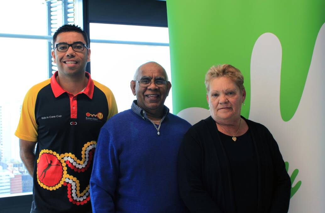 Discussing ways forward: Warren Ahoy from the Burrun Dalai Aboriginal Corporation and Kempsey foster carers Eddie and Rose Vale at the Sydney forum.  