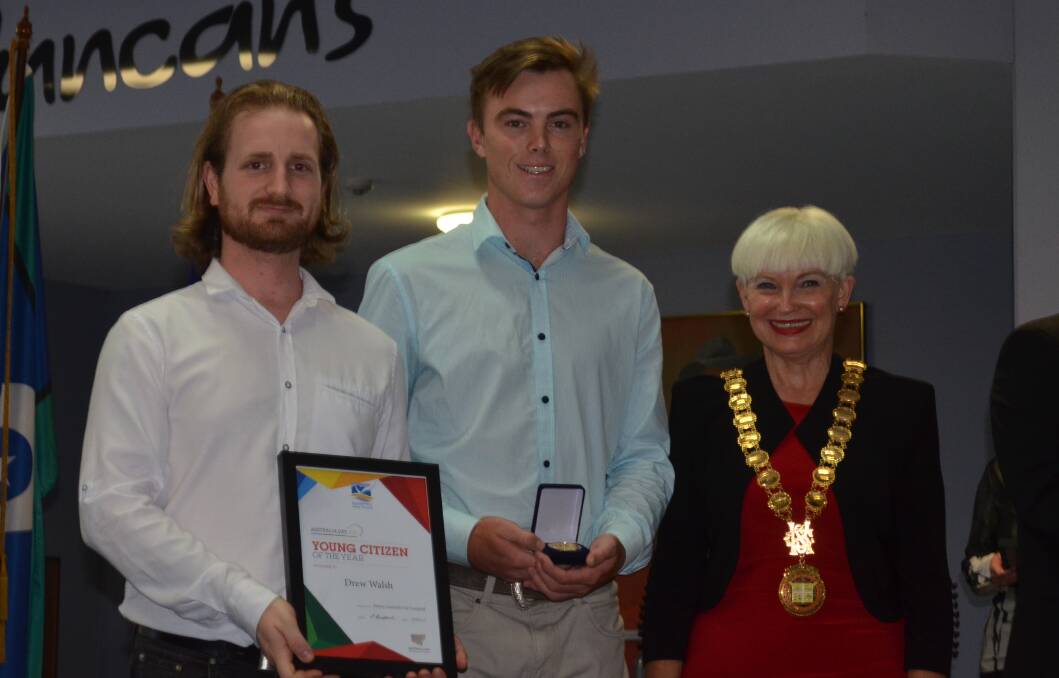 Young leader: Kempsey Australia Day ambassador Nic Newling, young citizen of the year Drew Walsh, and Kempsey mayor Liz Campbell. Photo: Lachlan Leeming. 