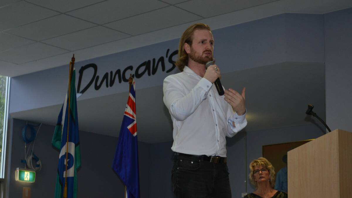 Starting the conversation: Kempsey Australia Day ambassador Nic Newling spoke candidly to the crowd about his own mental health journey. Photo: Lachlan Leeming.