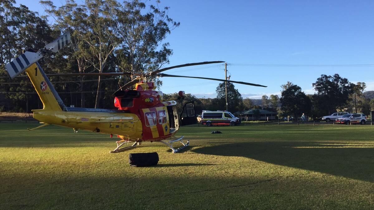 Airlifted: The Westpac Rescue Helicopter at the Telegraph Point sporting fields. 