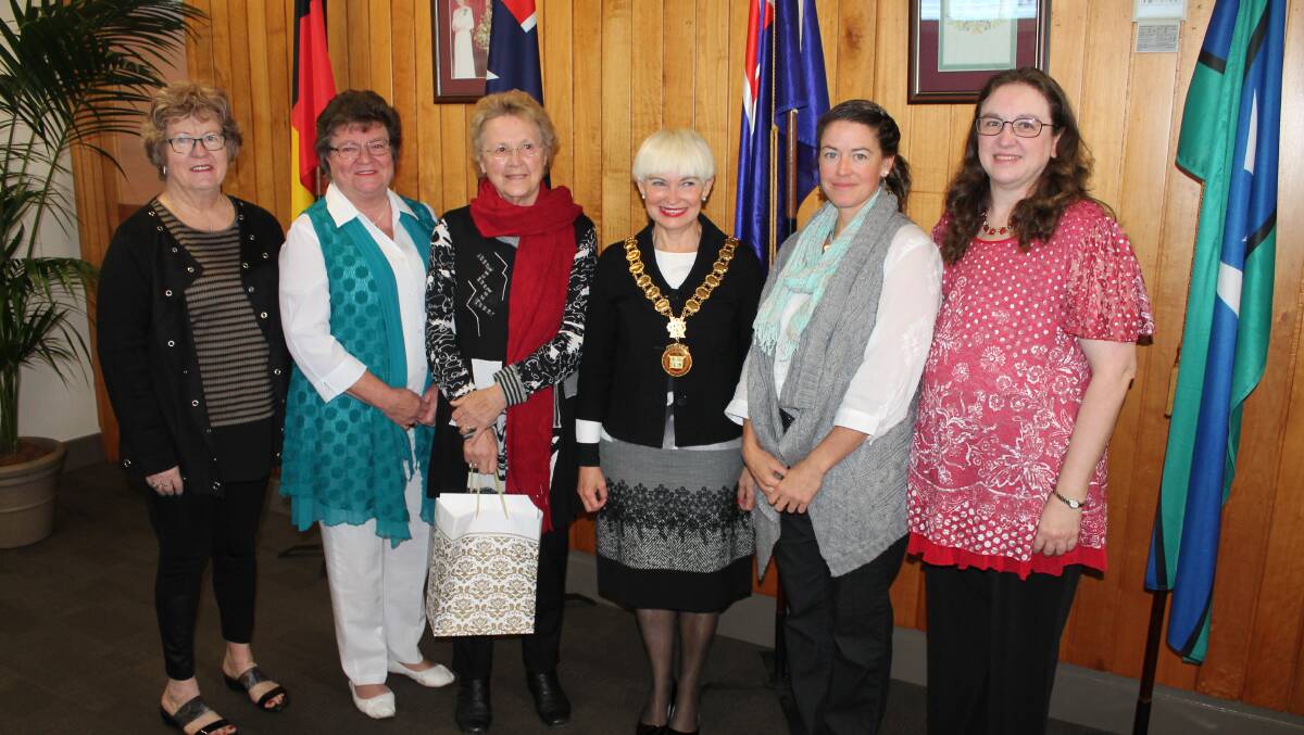 Julie Berber, Stella Conaghan, Rebekah Gorline, Jan Coe and June Greentree with mayor Liz Campbell at their citizenship ceremony on Tuesday. 