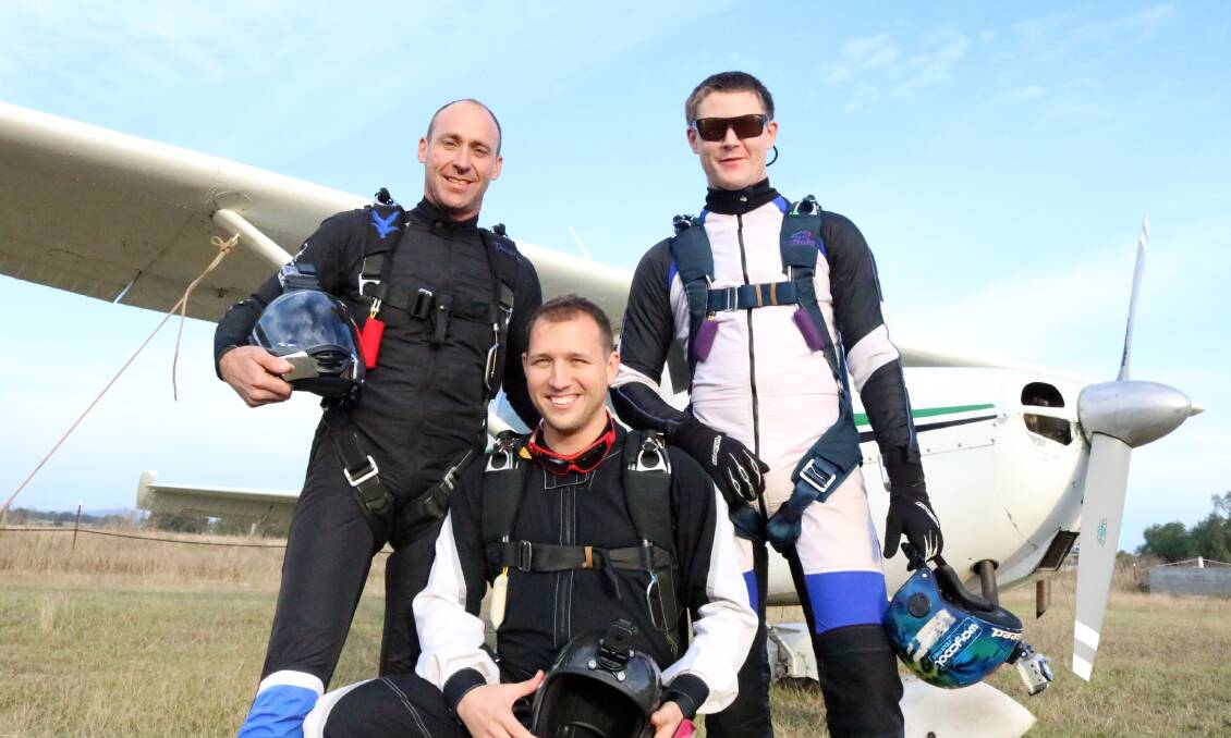 The Flying Spaghetti Monsters: (from left) Matt Howarth, Ben Stokes and Josh Beverley travel to the Skydiving NSW Drop Zone at Taree Airport to train for the Australian National Championships in March 2017.