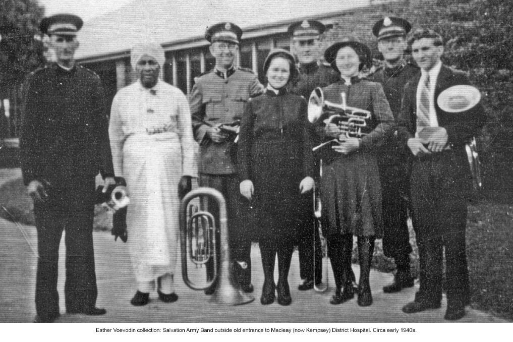 Esther Voevodin collection: Salvation Army Band outside old entrance to Macleay (now Kempsey) District Hospital. Circa early 1940s.