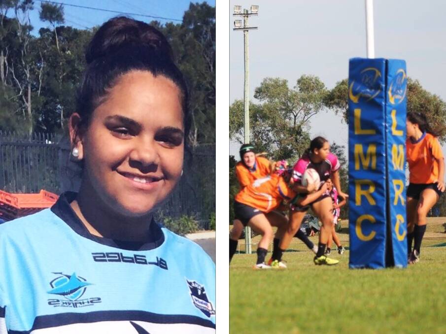 Leaving for Los Angeles: Lashawnda Kelly pictured (left) in her Cronulla Sharks jersey and (right) taking the ball up in a rugby match. 