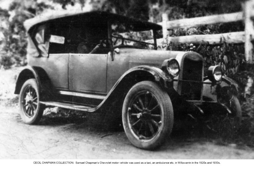 CECIL CHAPMAN COLLECTION:  Samuel Chapman’s Chevrolet motor vehicle was used as a taxi, an ambulance etc, in Willawarrin in the 1920s and 1930s.