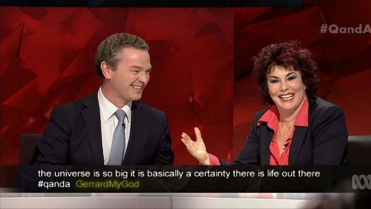Good humoured ... Christopher Pyne jokes with US comedian Ruby Wax about starting out a colony on another planet on Q&A. Photo: ABC