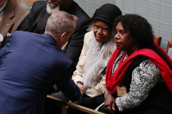 Opposition Leader Bill Shorten with Bonita Mabo after an address on the 50th anniversary of the 1967 referendum at Parliament House, Canberra on Wednesday 24 May 2017. Photo: Andrew Meares 