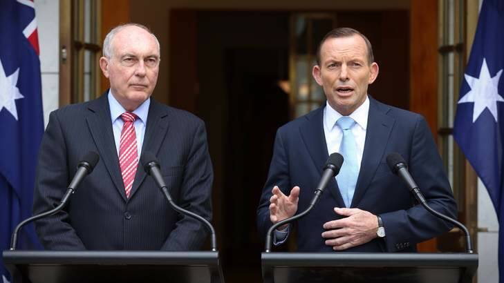 Tony Abbott and Warren Truss announce the decision to proceed with the Badgerys Creek airport. Photo: Andrew Meares