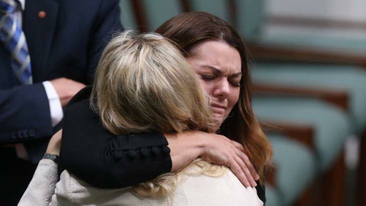 A tearful Sarah Hanson-Young hugs Melissa Clarke. Photo: Andrew Meares