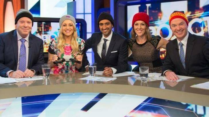 Hosts of The Project (from left) Peter Helliar, Carrie Bickmore, Waleed Aly and Gorgi Coghlan, with guest host Christopher Pyne. Photo: Network Ten