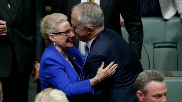 Former Speaker Bronwyn Bishop congratulated by Prime Minister Malcolm Turnbull after delivering her valedictory in the House of Representatives at Parliament House in Canberra on Wednesday 4 May 2016. Photo: Alex Ellinghausen Photo: Alex Ellinghausen