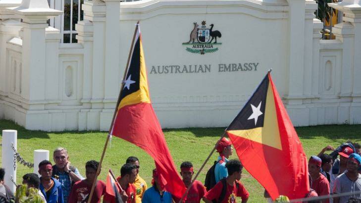 Protesters at the Australian embassy in Dili, the capital of East Timor, calling for a final maritime boundary in the Timor Sea. Photo: Wayne Lovell