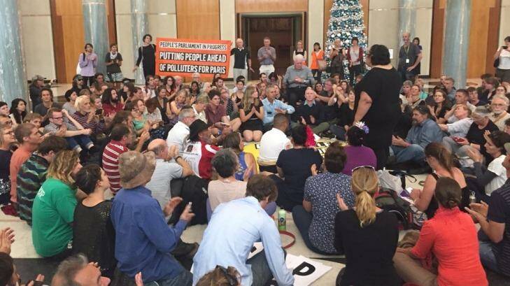 Protesters stage a sit-in at Parliament House on Wednesday.  Photo: Colin Bettles