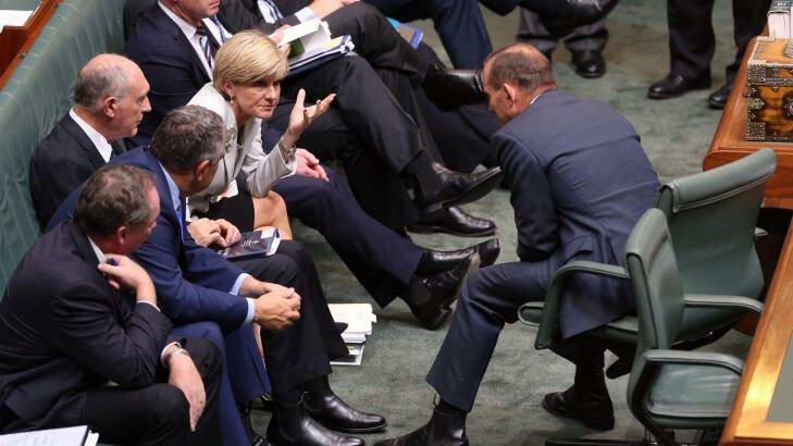 Pressure mounting: Prime Minister Tony Abbott and Foreign Affairs minister Julie Bishop during a division in question time on Thursday. Photo: Andrew Meares