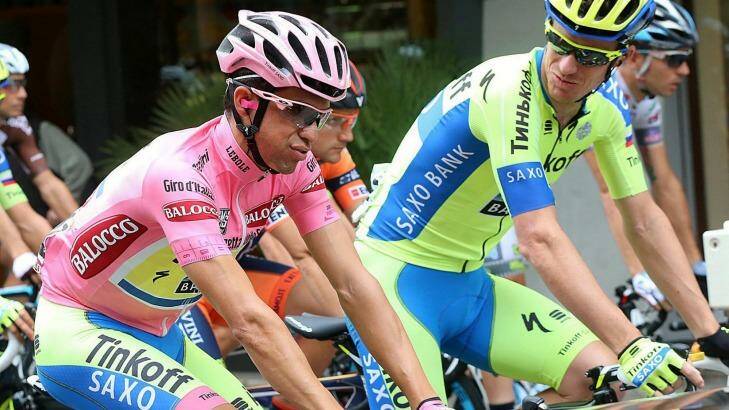 Spain's Alberto Contador, wearing the pink jersey of leader of the race, and his teammate Michael Rogers during the 11th stage of the Giro D'Italia. Photo: Claudio Peri