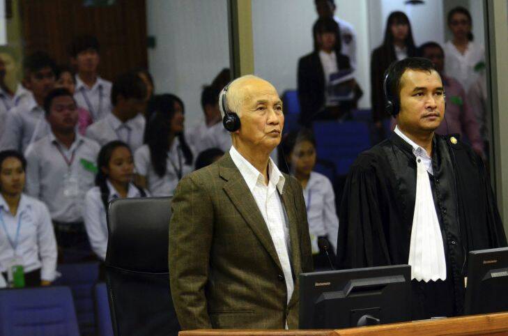 Witness Mr. Neang Ouch, alias Ta San, giving testimony before the Extraordinary Chambers in the Courts of Cambodia in Case 002/02 against Nuon Chea and Khoeu Samphan on 9 March 2015. Photo: ECCC/Nhet Sok Heng Witness Mr. Neang Ouch, alias Ta San, giving testimony before the Extraordinary Chambers in the Courts of Cambodia in Case 002/02 against Nuon Chea and Khoeu Samphan on 9 March 2015.