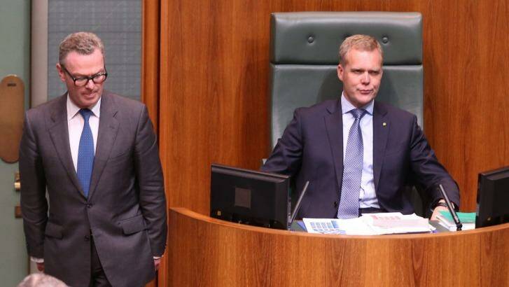Leader of the House Christopher Pyne and the Speaker Tony Smith on Thursday night. Photo: Andrew Meares
