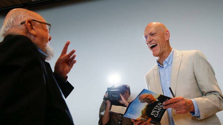 Peter Garrett with Thomas Keneally at the launch of his autobiography, Big Blue Sky, at the MCA in Sydney. Photo: Janie Barrett