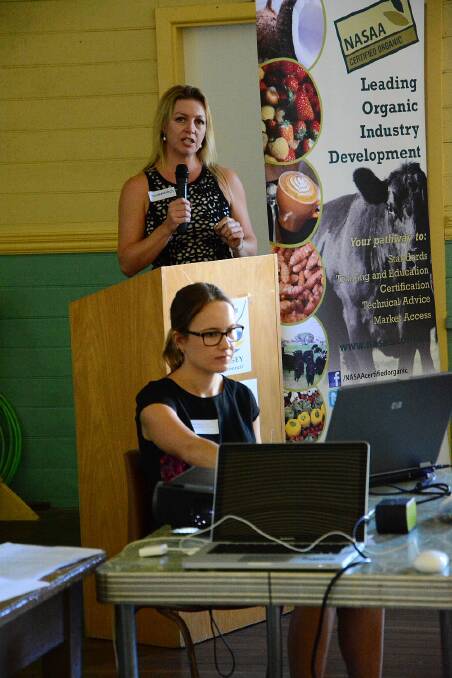 Susannah Smith (at the podium) and Kristy Forche-Baird (seated) delivered an impressive presentation at the Macleay Valley Food Bowl industry workshop at Gladstone on Tuesday
