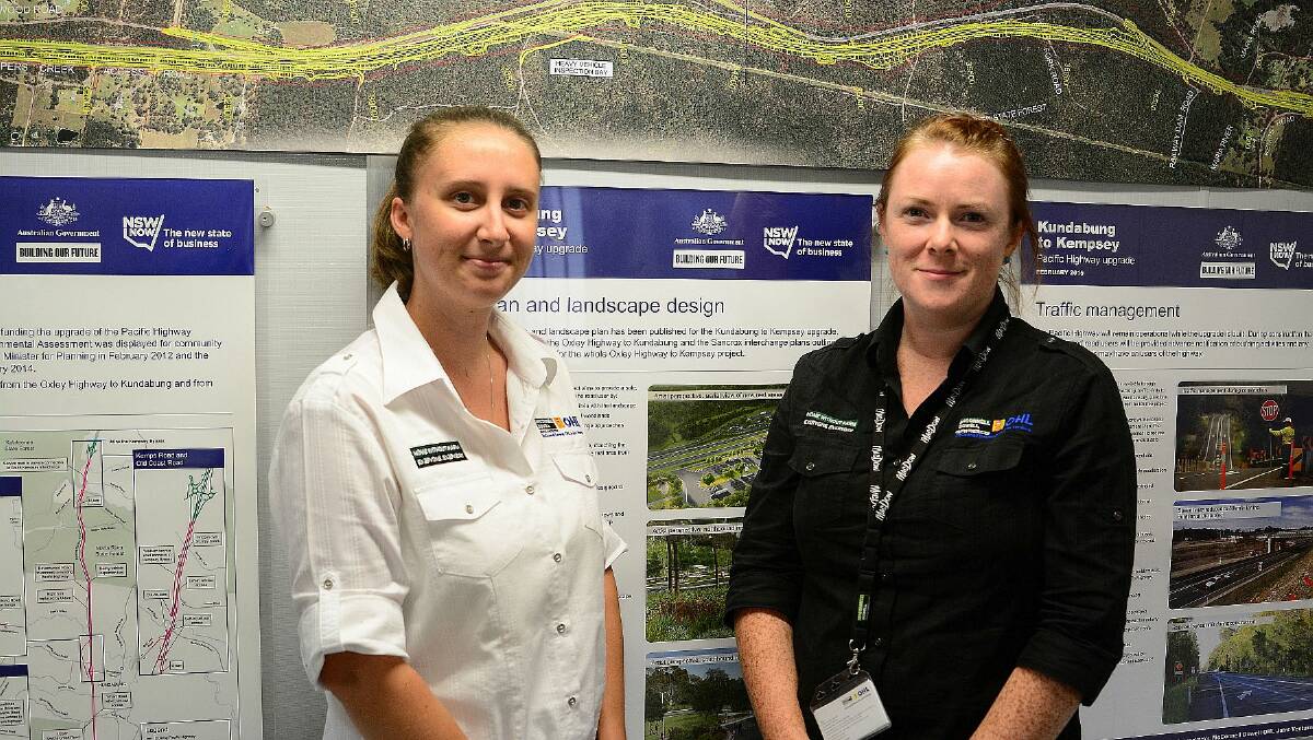 Friendly and informative: site administrator Sam Webb and Community Relations officer Cassie Allan are hand to answer your questions at the Community Display Centre for the Kundabung to Kempsey section of the Pacific Highway upgrade