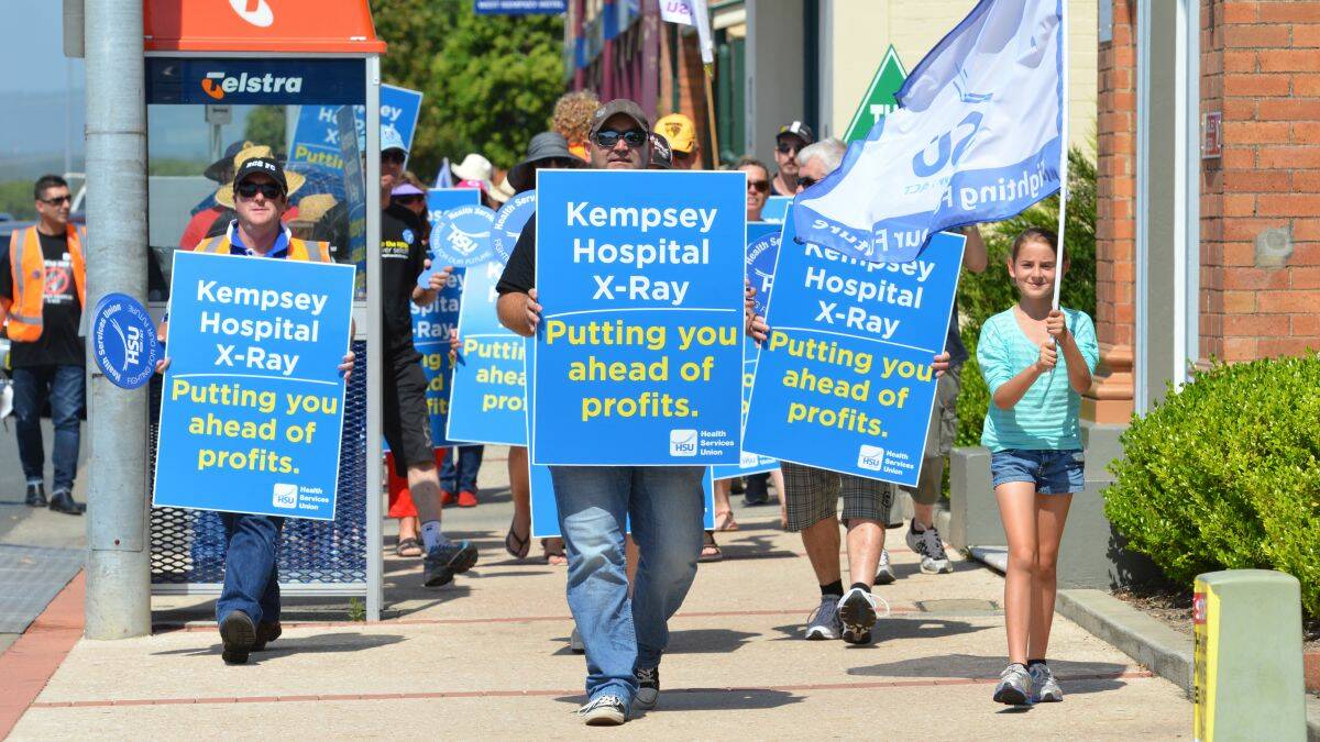 Leading from the front: Health Services Union organiser Michael Kearns led the protest about possible changes to the way medical imaging services like x-rays are delivered to patients at Kempsey Hospital