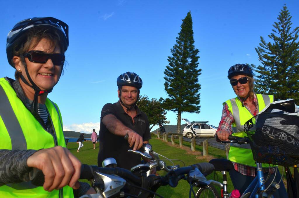 Rocks Cycling Club members Jeannine Douglas, Gavin Killmore and Cary McPherson would like to see more bicycle paths at South West Rocks
