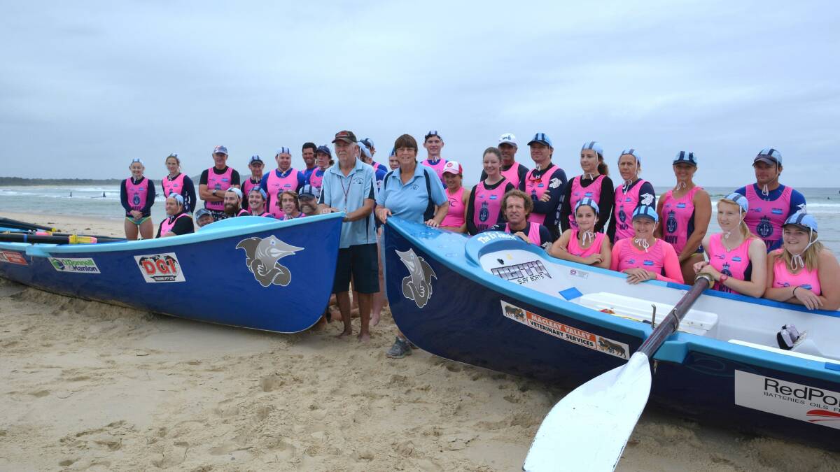 Kempsey-Crescent Head Surf Club members Maurie ‘Moz’ Fuller and Ev Jacobs with the boat crews and the newly named boats   
