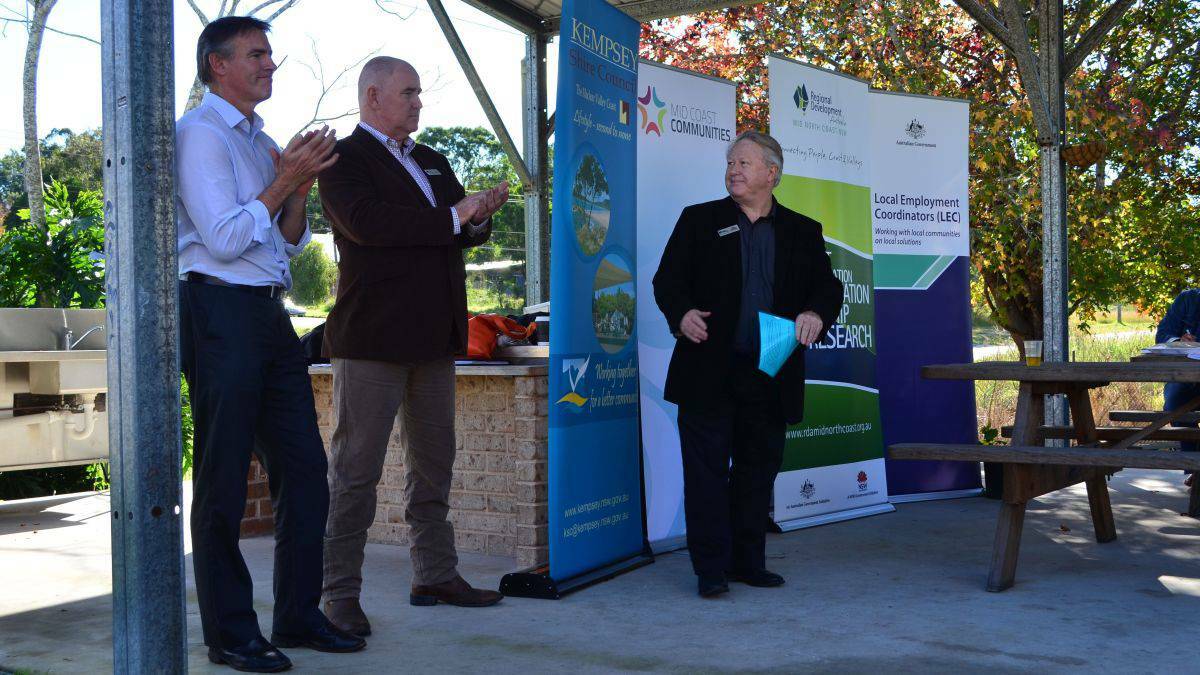 Then Member for Lyne Rob Oakeshott (left) with former Regional Development Australia Mid North Coast CEO Peter Tregilgas (right) at the launch of the now failed project, Our Place: The South Kempsey Recreational Parklands Project 