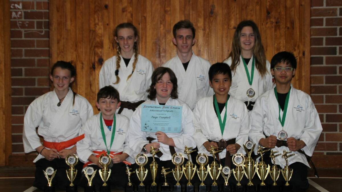 Little fists of fury: Paige Campbell, Jhon Suzara, Jaypee Fuensalida, Nathan Pepperell, Kirralea Pepperell, Jordan Hill, Logan Hill and Jamie Lee Delmas made up the Elite Martial Arts Kempsey squad for the international Budo Sport Tournament in Gosford earlier this month 