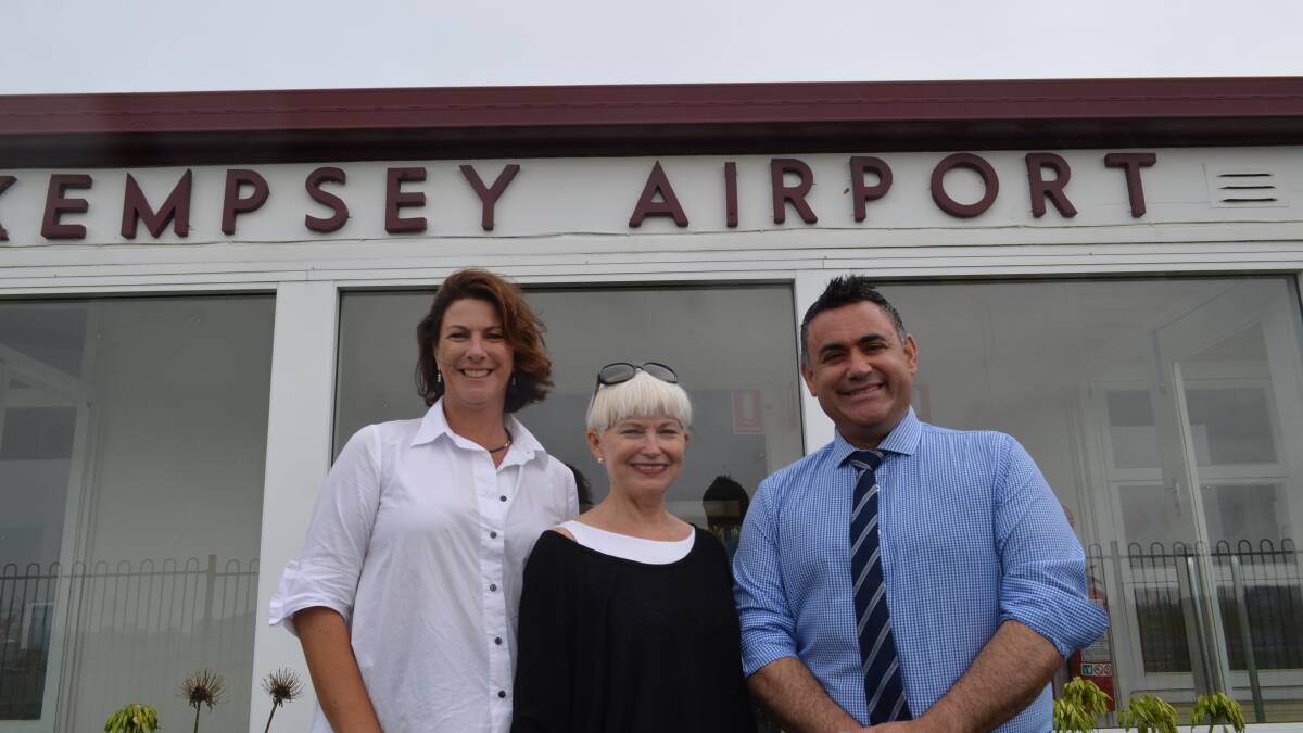 The Kempsey Shire Council mayor Liz Campbell and state ember Melinda Pavey with NSW Minister for Skills and Regional Development John Barilaro at the Kempsey Airport 
 