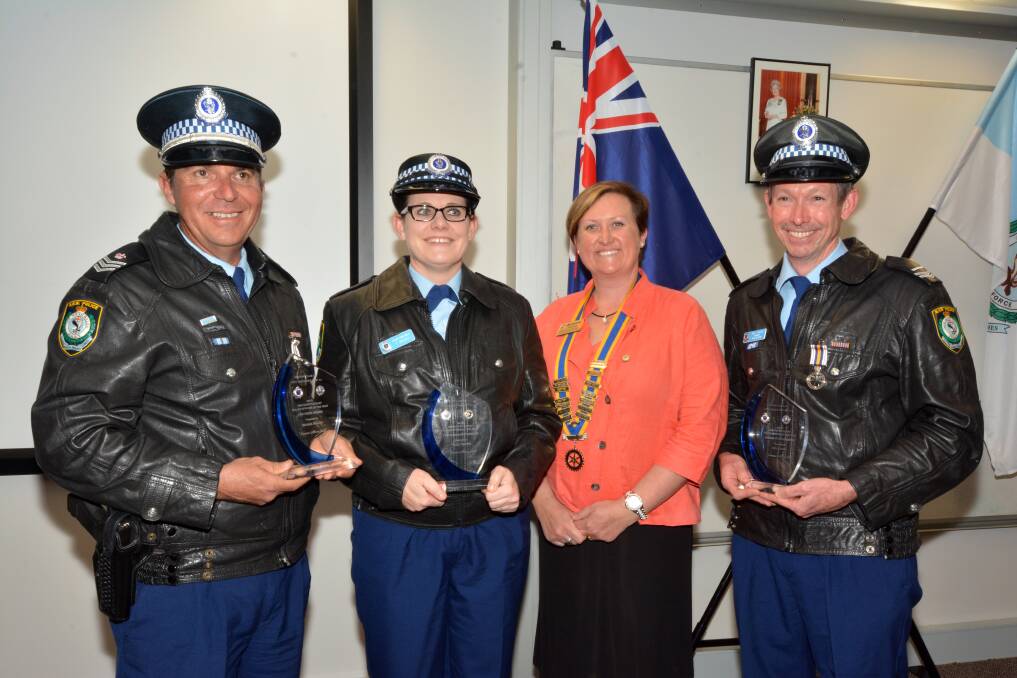 Rotary Police Officer of the Year recipients Sgt Michael Walker, Snr Const Tracy Watts and Snr Const Neil Haigh with Port Macquarie West Rotary president elect Kieren Freeman.