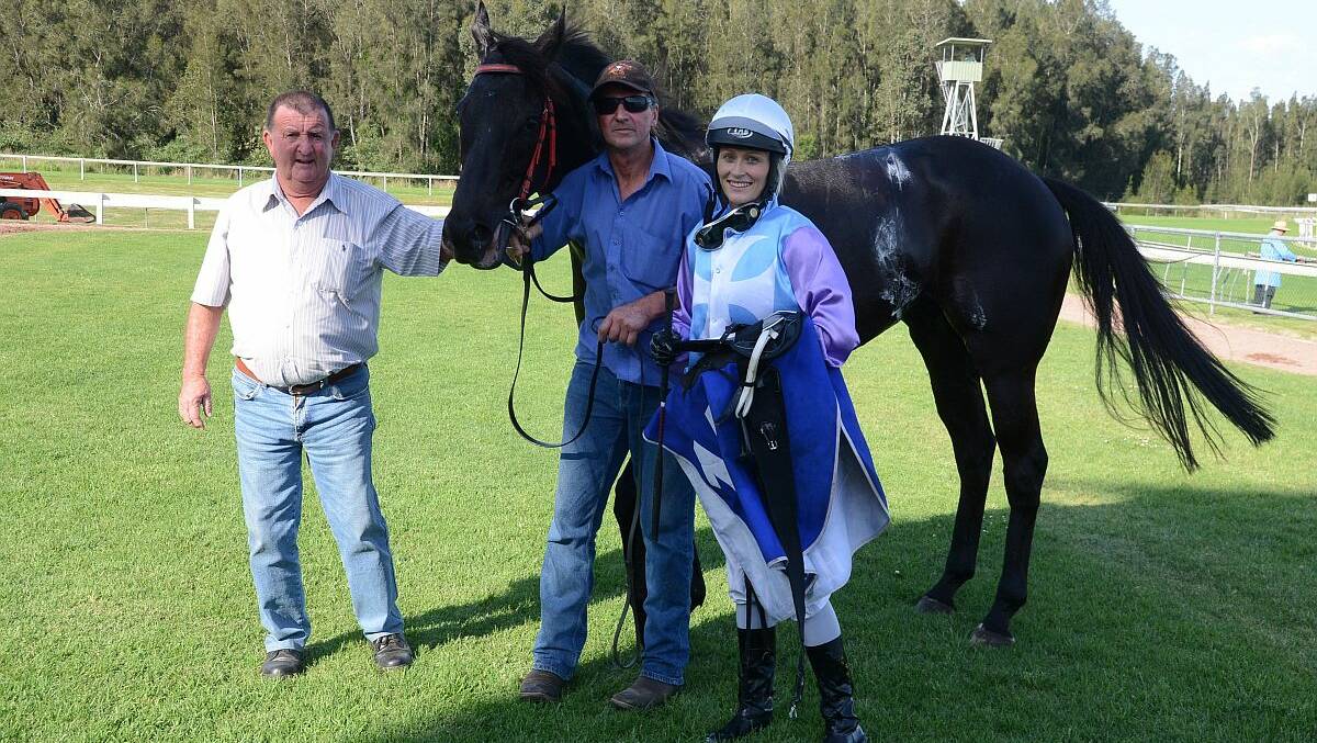 Kempsey Cup hope: Trainer Barry Ratcliffe, strapper Greg Roxburg and jockey Melinda Graham with Butane after winning the Forster Tuncurry Transmissions Krambach Cup 