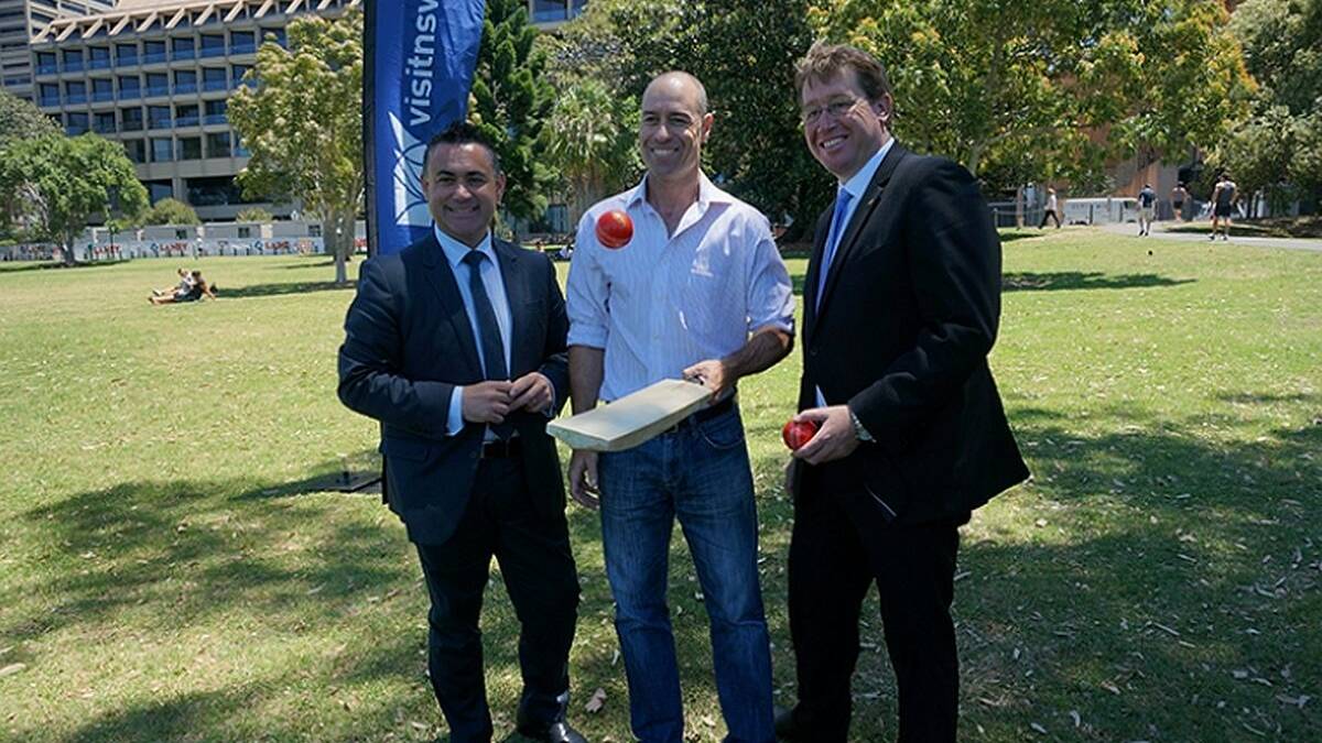 Summer of cricket: John Barilaro (Minister for Regional Tourism), Michael Bevan (former Australian cricketer) and Troy Grant (Minister for Tourism and Major Events) are excited about the Home Ground Cricket Tour