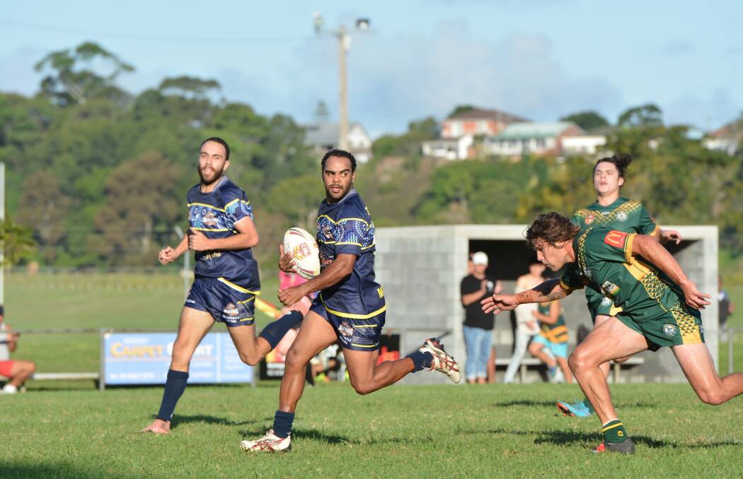 Linebreak: Macleay Valley Mustangs five-eighth Mal Webster sprints away from the Forster-Tuncurry defence on his way to scoring a try. Photo: Penny Tamblyn.