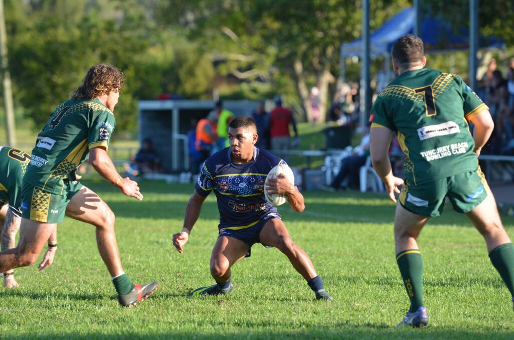 Footwork: Group Three representative Stephan Blair steps off his left foot during the Mustangs 34-28 victory over Forster-Tuncurry Hawks on Sunday. Photo: Penny Tamblyn.