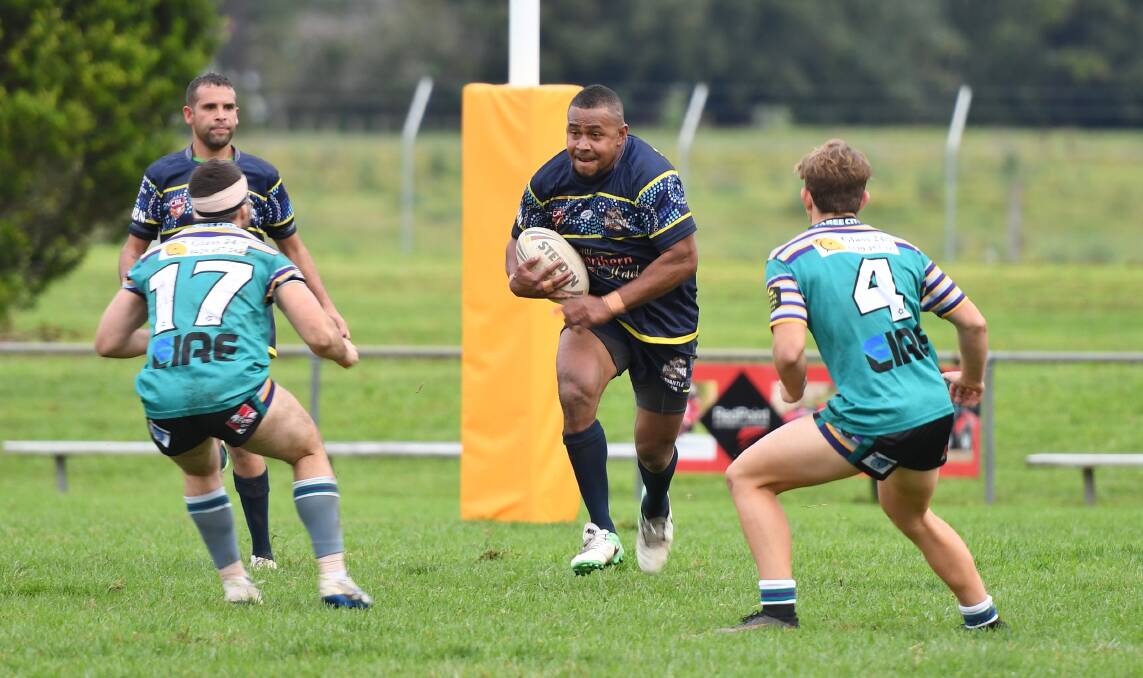 Intimidating: Mustangs first grade backrower Viliame Tobesewa winds up for a run against the Taree City Bulls on Saturday. Photo: Penny Tamblyn.