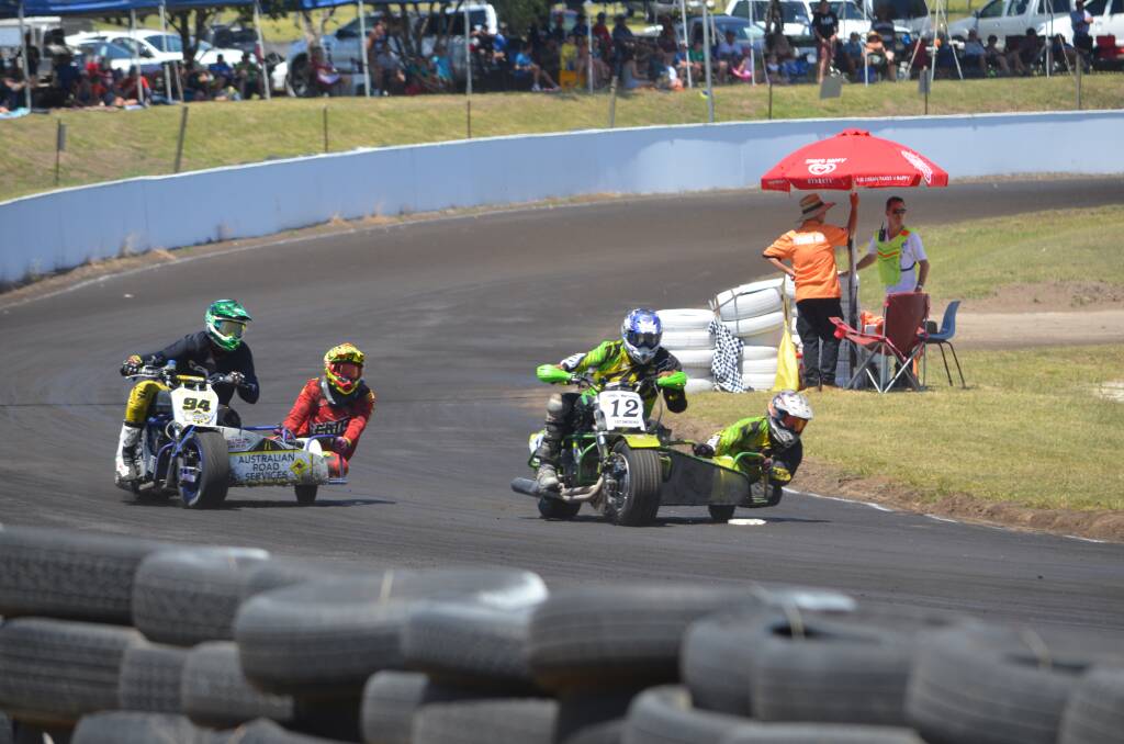 Sidecar: Competitors at the 2016 Akubra Classic race around the Greenhill Speedway track. Photo: Lachlan Leeming.